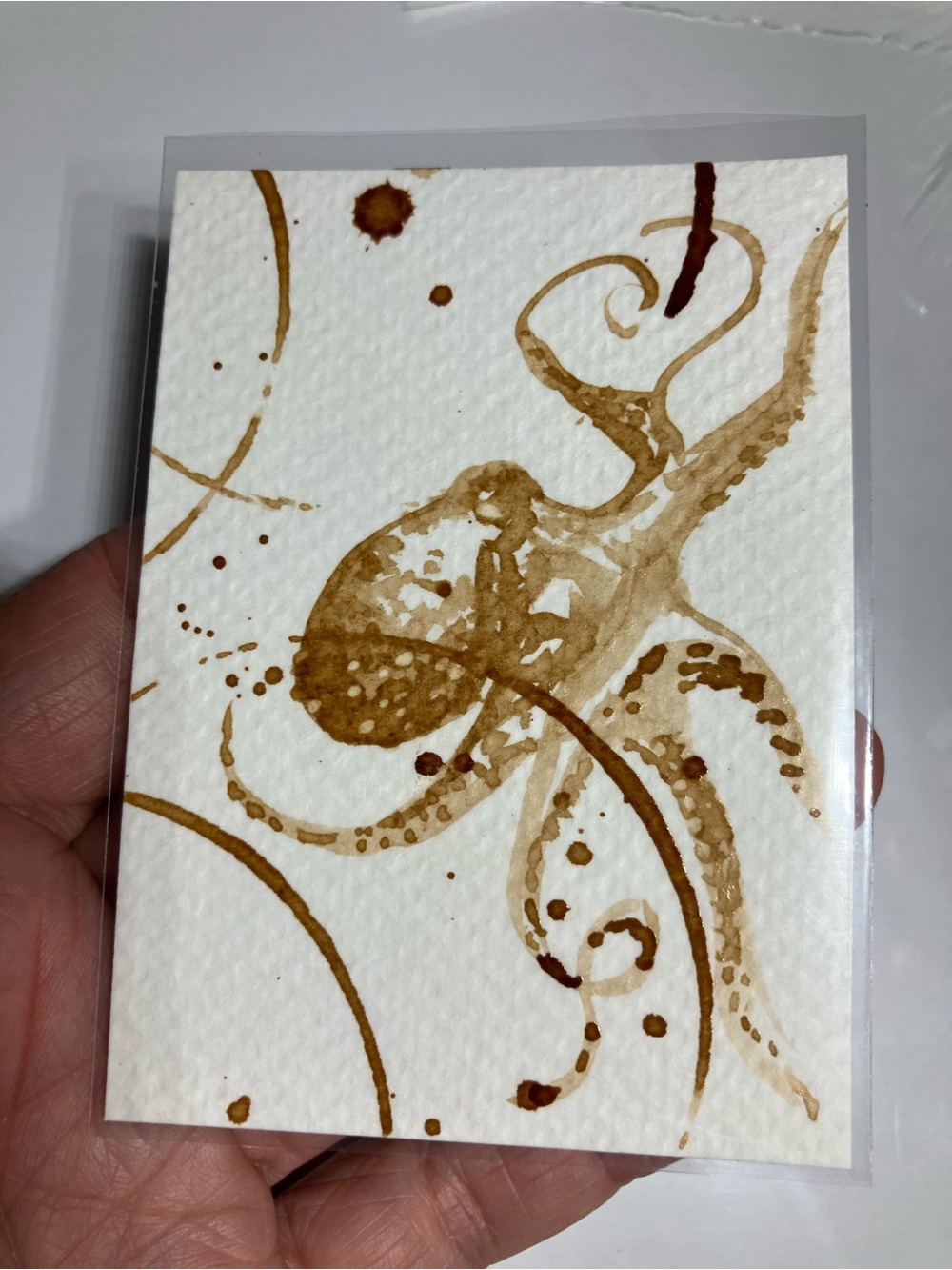 Aceo original octopus coffee painting mini ATC Java art gift or treat yourself